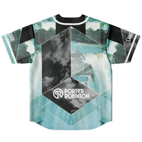 Waterfall geometric collage jersey back view featuring teal scenery, cloud panels, and bold white emblem