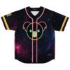 Black galaxy cosmic jersey featuring gradient koala face, pink piping, and neon sleeve stripes