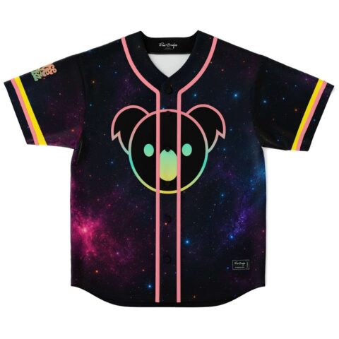 Black galaxy cosmic jersey featuring gradient koala face, pink piping, and neon sleeve stripes