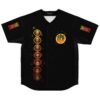 Black rave baseball jersey with stacked glowing eyes and gold-red emblems, front view on white