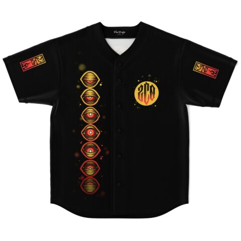 Black rave baseball jersey with stacked glowing eyes and gold-red emblems, front view on white