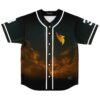 Golden phoenix emblem and stormy orange clouds on the black jersey front view