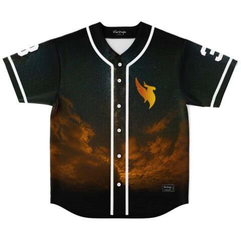 Golden phoenix emblem and stormy orange clouds on the black jersey front view