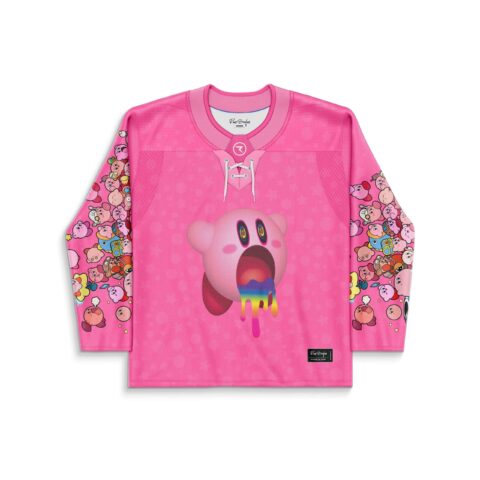 Hot pink rave jersey front featuring a rainbow-dripping cartoon puffball and crowded pink character sleeves