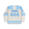 Cream-and-blue cartoon puppy picnic illustration with hearts, stars, and striped hockey details