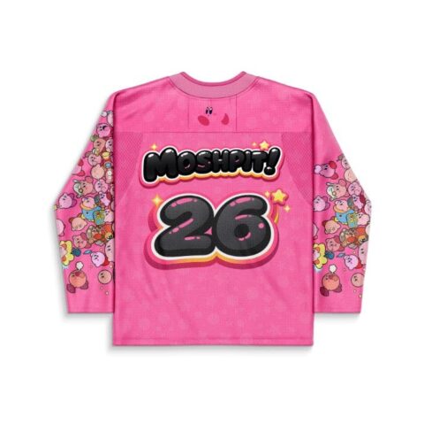 Hot pink rave jersey back with “MOSHPIT!” and “26,” plus a crowded cartoon puffball sleeve