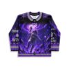 Purple cosmic astronaut jersey with lightning and floating rocks, front view on white background