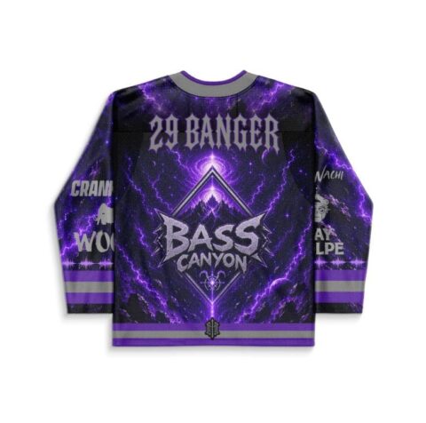Purple cosmic lightning design with mountain emblem and “BASS CANYON” text, back view
