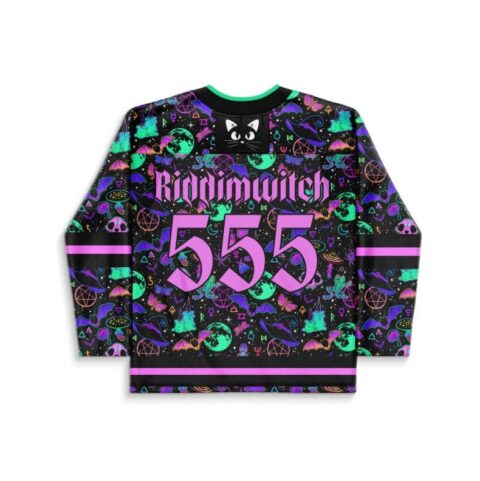 Occult neon collage jersey featuring “Riddimwitch” and 555, back view on white background
