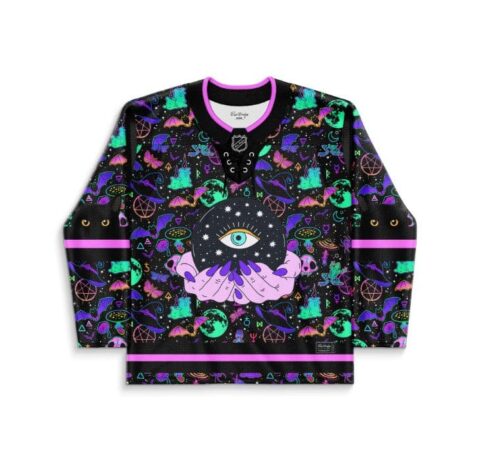 Occult neon collage jersey with crystal-ball eye and purple hands, front view on white background