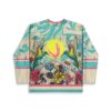 Human skull floral print with mirrored hummingbirds, turquoise swirls, and pink stripes, back view