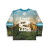 Sky blue dinosaur landscape jersey with white fossil skull graphic and forest backdrop, back view