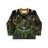 Black olive jungle foliage hockey jersey with microphone graphic and “GRAFTHEGIRAFFE” text, front view