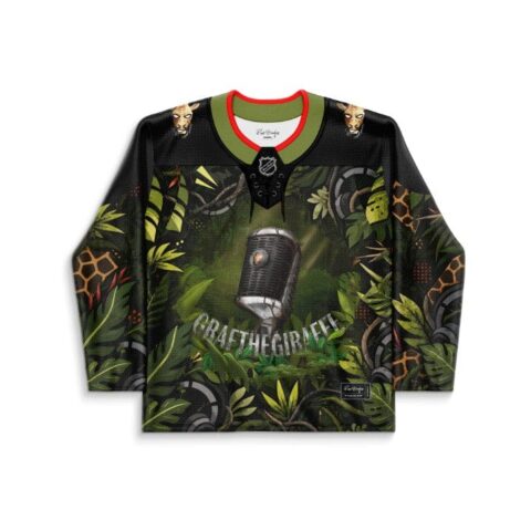 Black olive jungle foliage hockey jersey with microphone graphic and “GRAFTHEGIRAFFE” text, front view