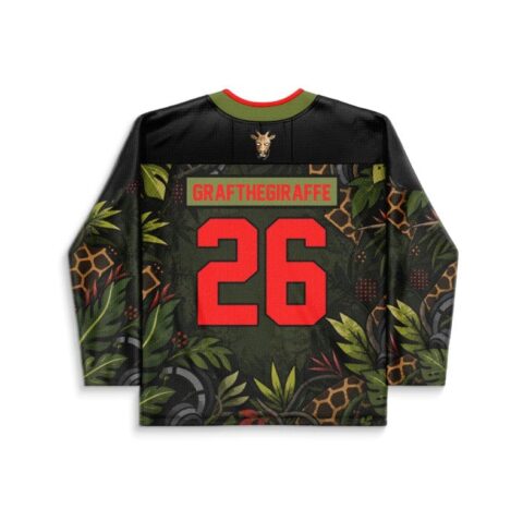 Black olive jungle foliage hockey jersey with red number 26 and “GRAFTHEGIRAFFE” text, back view