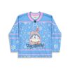 Blue anime-inspired jersey with bunny-hooded cartoon cat, snowflakes, pastel stars, and pink trim, front view