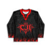 Black spiky death-themed jersey with red gothic emblem and skull border, front view