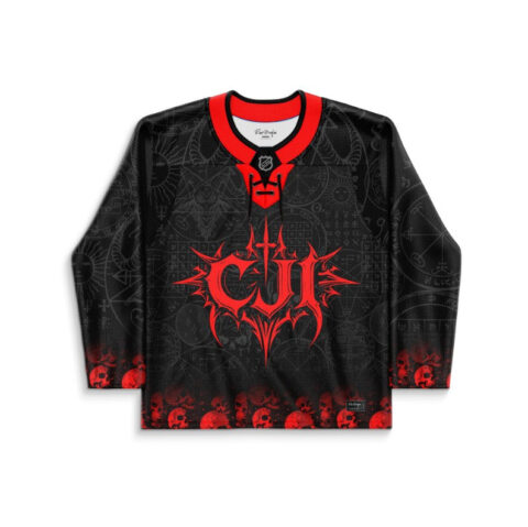 Black spiky death-themed jersey with red gothic emblem and skull border, front view