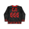 Black spiky death-themed jersey featuring red gothic lettering and skull border, back view