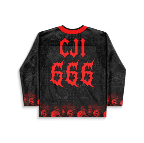 Black spiky death-themed jersey featuring red gothic lettering and skull border, back view