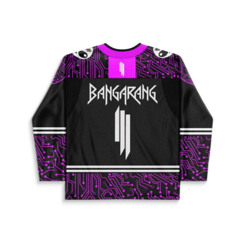 Black hockey jersey with neon purple circuit-board pattern, white back lettering and number, rear view