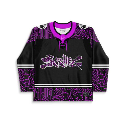 Black hockey jersey with glowing purple circuit-board pattern and angular white chest lettering, front view