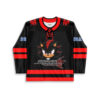 Black-and-red anime-inspired hedgehog graphic with stylized lettering, front view of a hockey jersey