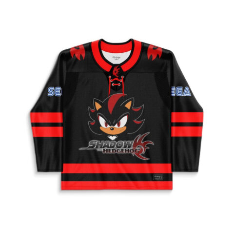 Black-and-red anime-inspired hedgehog graphic with stylized lettering, front view of a hockey jersey