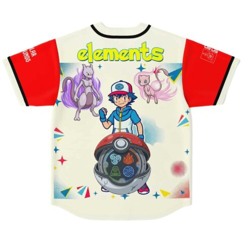“elements” text above an anime-inspired cast and elemental orb artwork, cream jersey back view