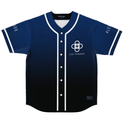 Navy-to-black city gradient jersey front with white piping, flower emblem, and “LOS ANGELES” text