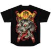 Black jersey featuring a cartoon-style wolf with crossed horns and bold red-gold graphics, back view