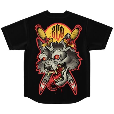 Black jersey featuring a cartoon-style wolf with crossed horns and bold red-gold graphics, back view