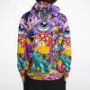 Purple trippy cartoon collage hoodie back view with giant eyes, headphones, mushrooms, colorful creatures
