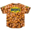 Photorealistic baked bean pattern with a large yellow-and-blue food label, shown from the back