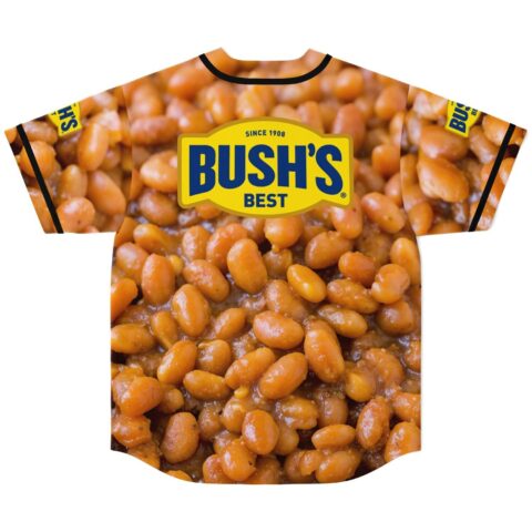 Photorealistic baked bean pattern with a large yellow-and-blue food label, shown from the back