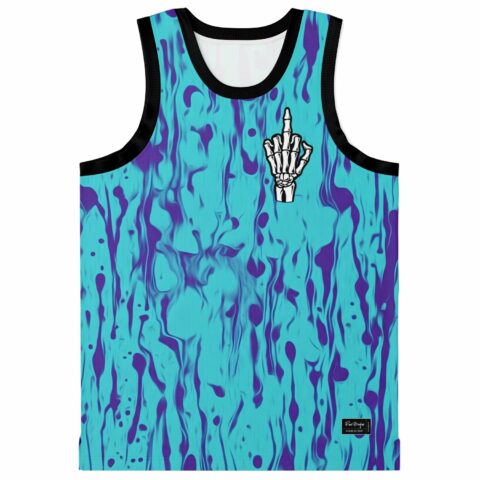 Teal-purple dripping abstract pattern with raised skeleton hand graphic, black trim and label, back view