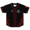 Black baseball jersey, red electric smoke pattern, “GOOD TIMES GOOD PEOPLE” text, front view
