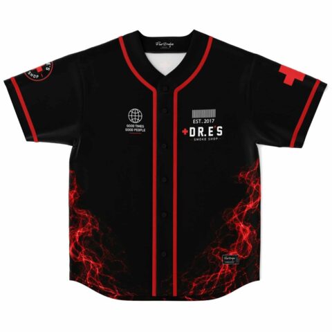 Black baseball jersey, red electric smoke pattern, “GOOD TIMES GOOD PEOPLE” text, front view