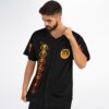Model showcases the stacked glowing-eye pattern and gold-red emblems on the jersey front