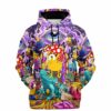 Purple trippy cartoon collage hoodie front view with giant eyes, mushrooms, and colorful fantasy creatures