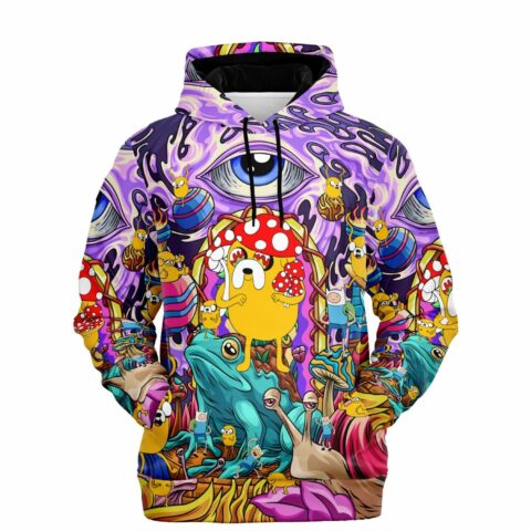 Purple trippy cartoon collage hoodie front view with giant eyes, mushrooms, and colorful fantasy creatures