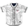 White marble swirl jersey front with “Marissa” script and pink kiss graphic