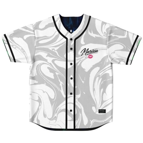 White marble swirl jersey front with “Marissa” script and pink kiss graphic