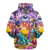 Purple trippy cartoon collage hoodie back view featuring giant eyes, headphones, mushrooms, and fantasy creatures