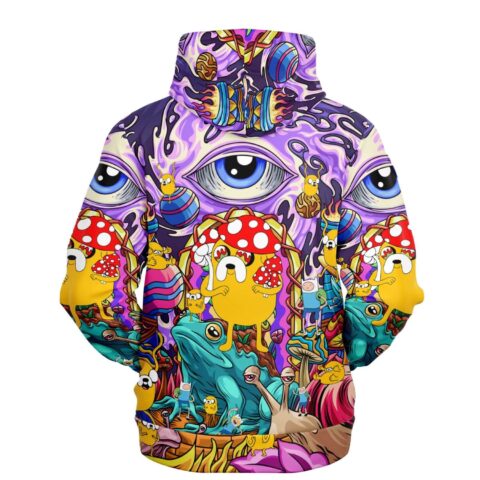 Purple trippy cartoon collage hoodie back view featuring giant eyes, headphones, mushrooms, and fantasy creatures
