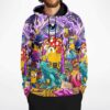 Purple trippy cartoon collage hoodie worn front view showcasing giant eyes, mushrooms, and colorful creatures