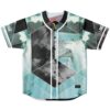 Waterfall geometric collage jersey front view with teal scenery, cloud panels, and white piping