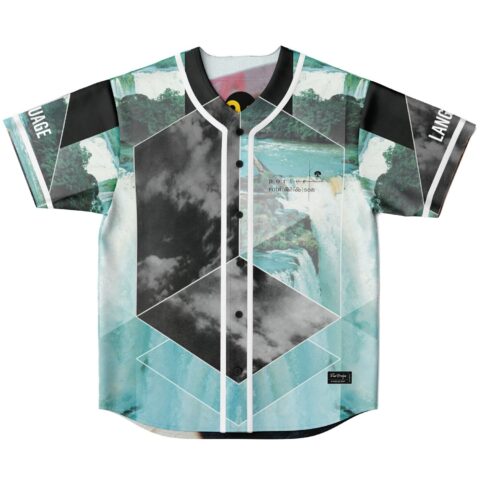 Waterfall geometric collage jersey front view with teal scenery, cloud panels, and white piping