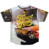 Future Funk car collage jersey back view with oversized yellow lettering and smiling yin-yang emblem