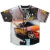 Orange muscle-car street collage jersey front view with yellow lettering, black trim, and split reversible